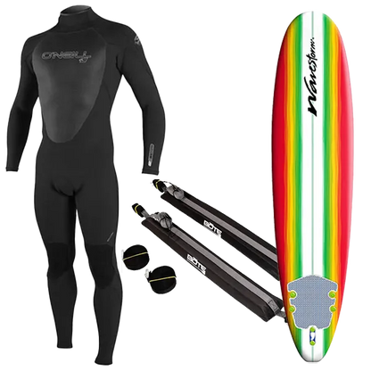 Men's Wetsuit, Surfboard, and Rack Package