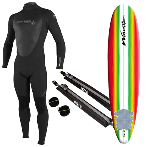 Men's Wetsuit, Surfboard, and Rack Package