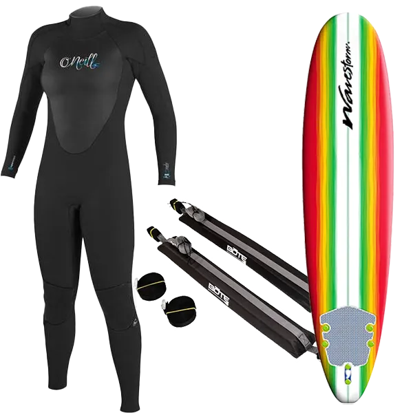 Women's Wetsuit, Surfboard, and Rack Package