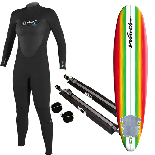 Women's Wetsuit, Surfboard, and Rack Package
